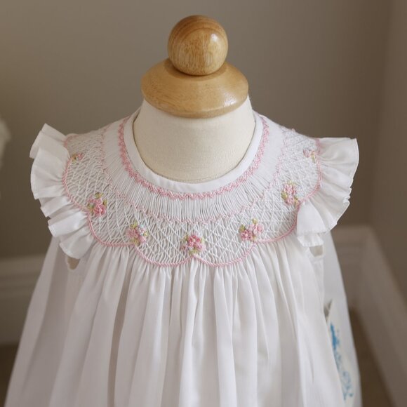 White Smocked Flutter Sleeve Dress Set Boutique 12 Months Hand -Embroidery NWT - Picture 2 of 6